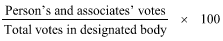 Start formula start fraction Person's and associates' votes over Total votes in designated body end fraction times 100 end formula