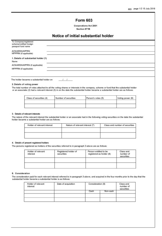 page 1 of form 603 Notice of initial substantial holder